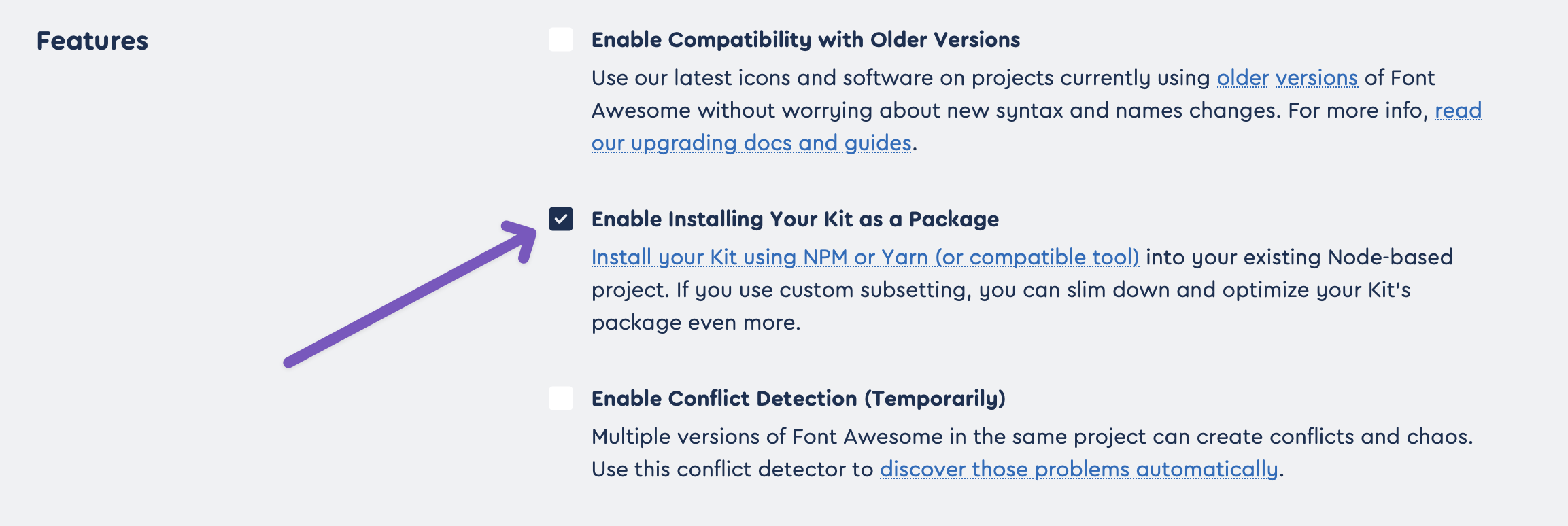 Font Awesome Pro "Enable Installing Your Kit as a Package" setting